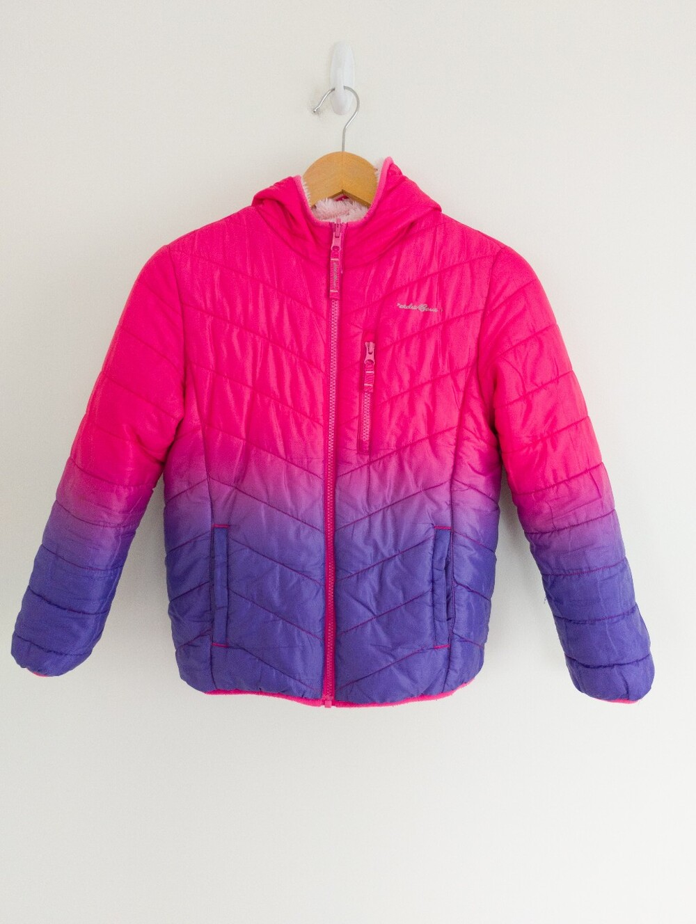 Eddie Bauer Girls Reversible Ombre Puffer Jacket Faux Fur Hooded L 10/12